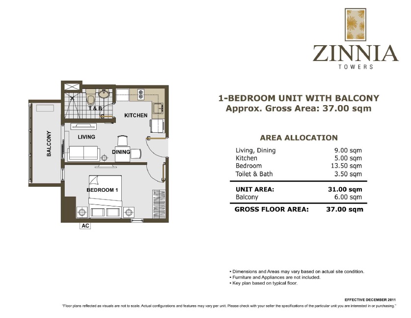 zinnia towers 1bedroom with balcony 37sqm