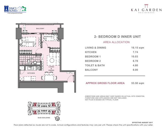 Kai 2 Bedroom D Unit Layout 53.5 square meters