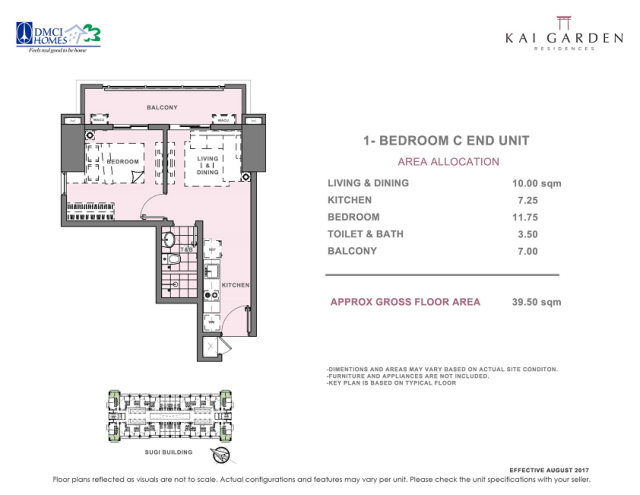 Kai 1 Bedroom C End Unit Layout 39.5 square meters