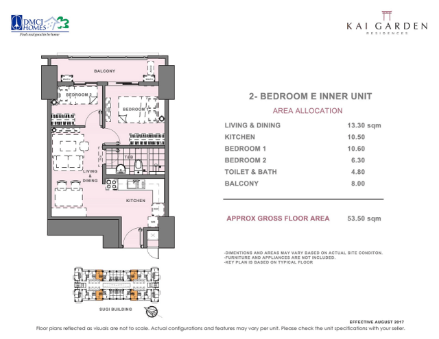 Kai 2 Bedroom E Unit Layout 53.5 square meters