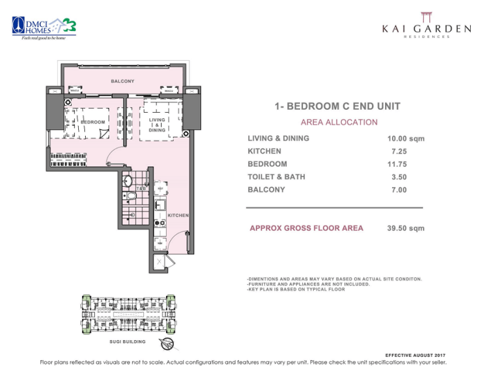 Kai 1 Bedroom C End Unit Layout 39.5 square meters