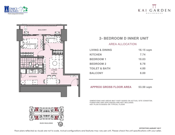 Kai 2 Bedroom D Unit Layout 53.5 square meters